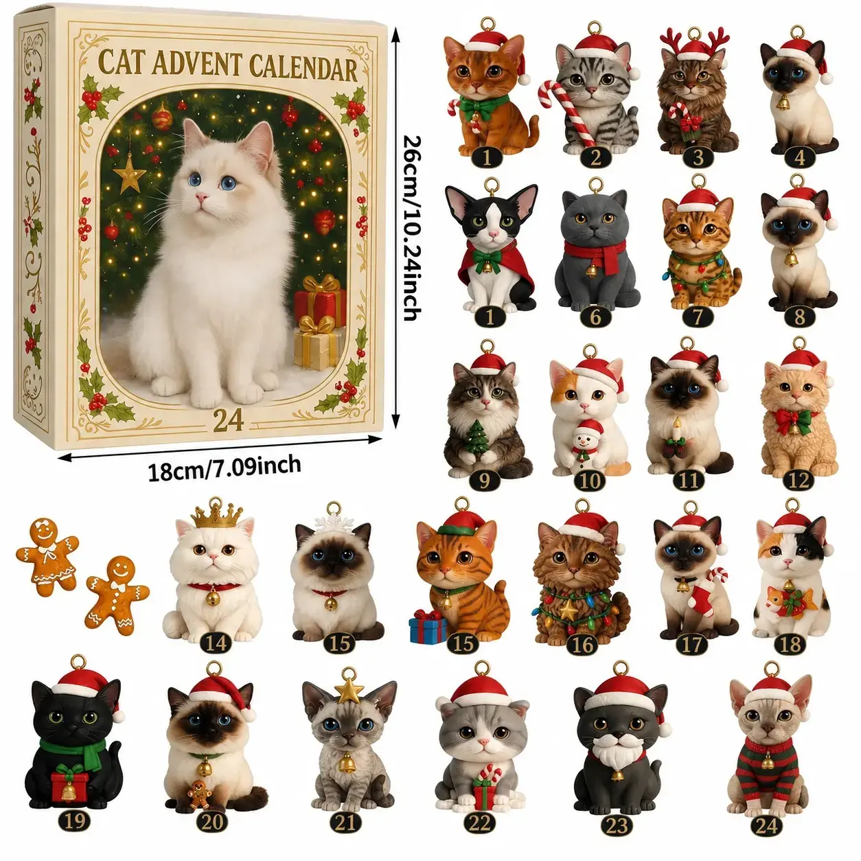 Christmas cat advent calendar box and ornaments