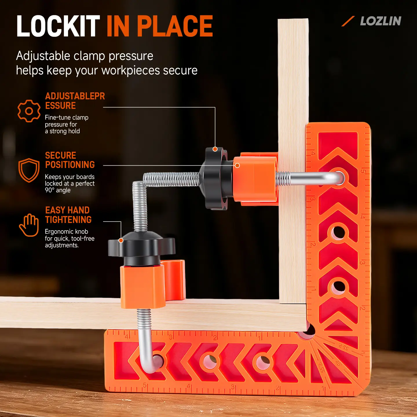 Adjustable pressure right angle woodworking clamp