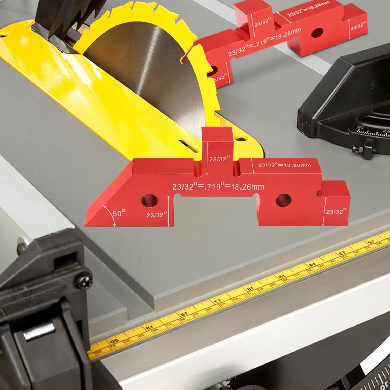 Woodworking setup block beside table saw