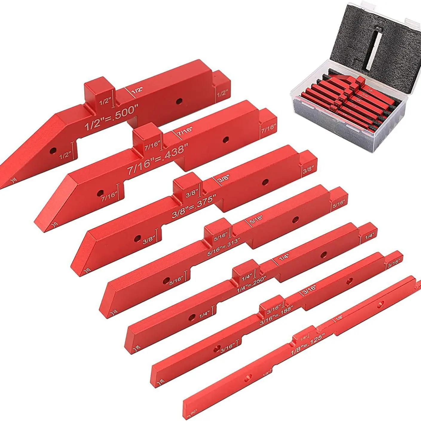 Woodworking setup blocks with storage case