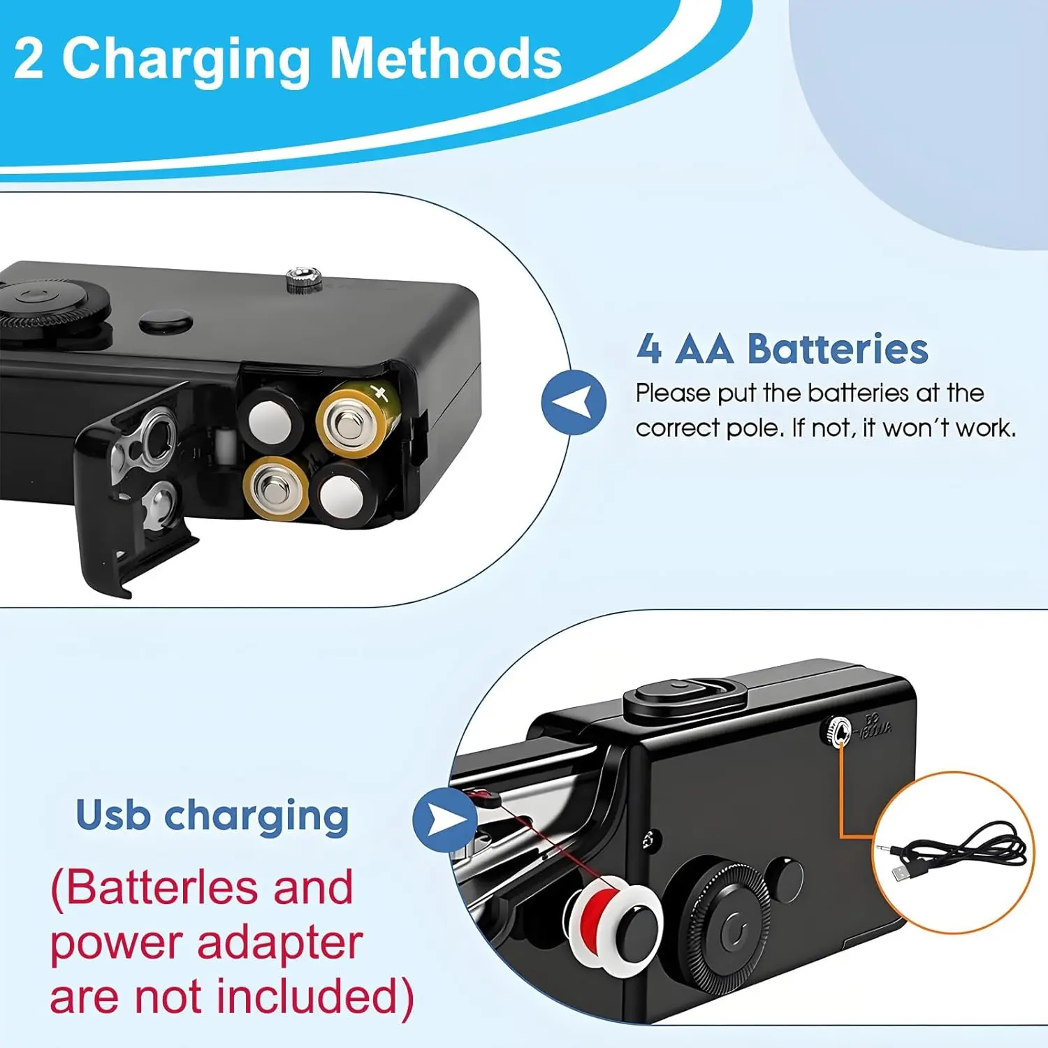Two power options for handheld sewing machine