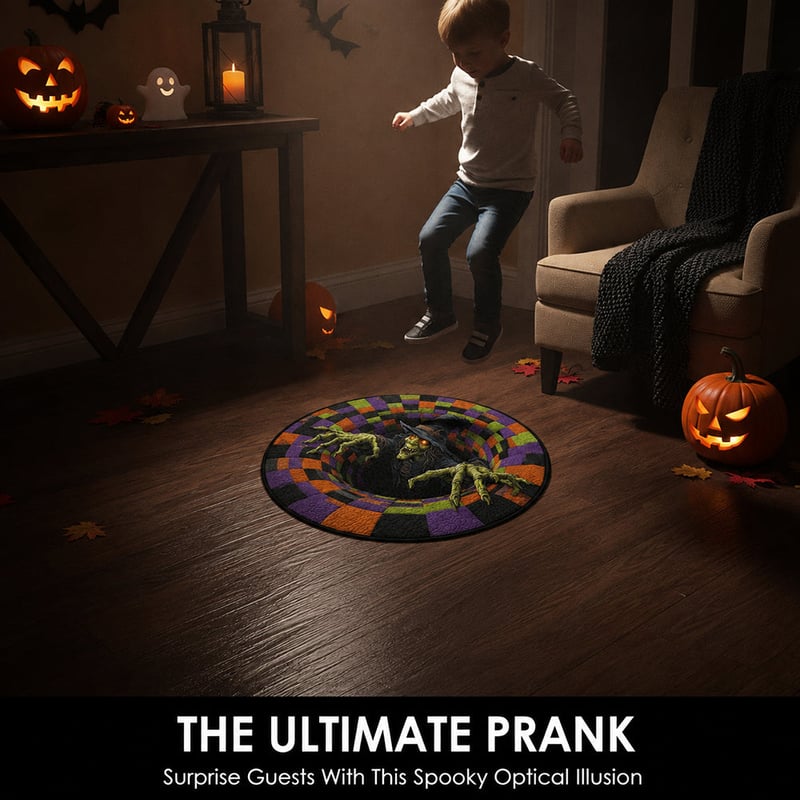 Halloween optical illusion rug creating a spooky floor effect