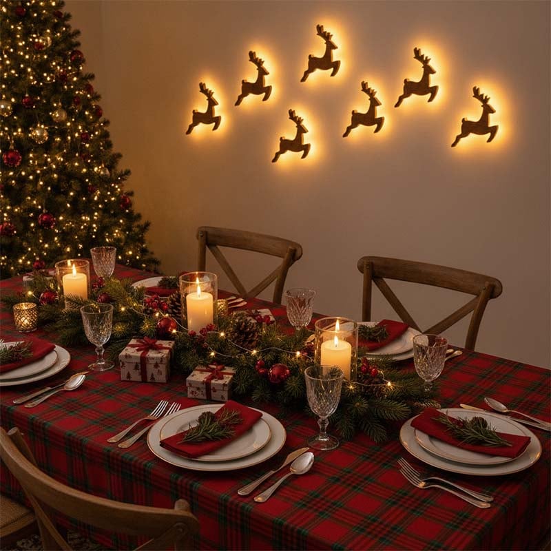 Reindeer Christmas LED wall decoration over a dining table