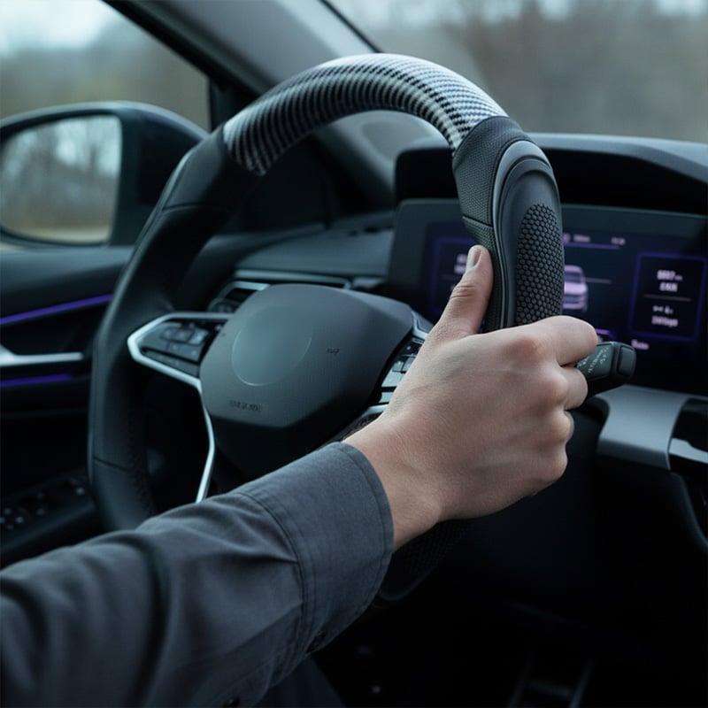 Sport style steering wheel cover installed in a car