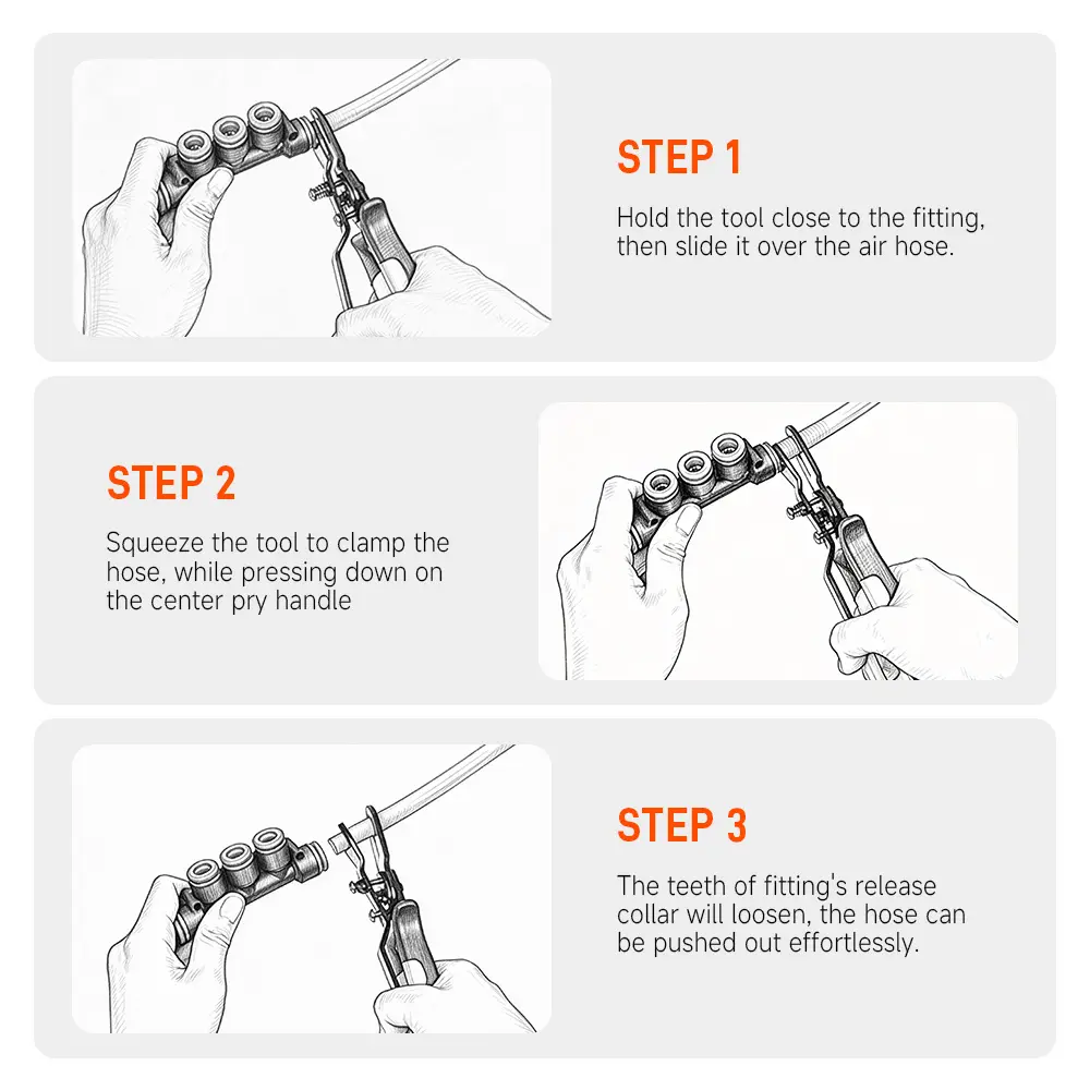 Three step air hose connector removal process