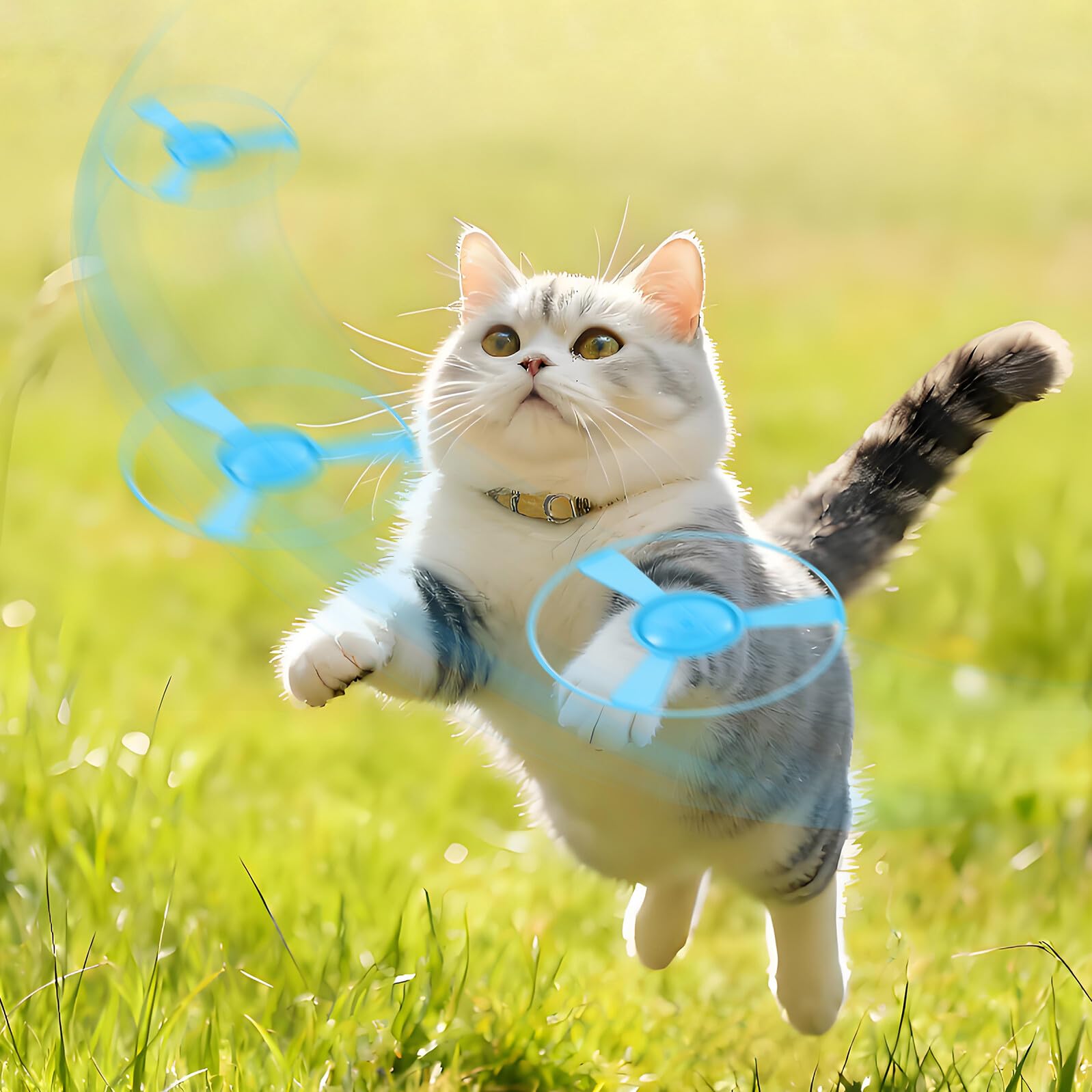 🐱 Interactive Flying Propeller Disc Launcher Cat Toy with 3Pcs Flying Discs, One-Click Shoot Kitty Chasing Exercise Toy, Indoor Outdoor Hunting Stimulation Pet Toy for Kitten
