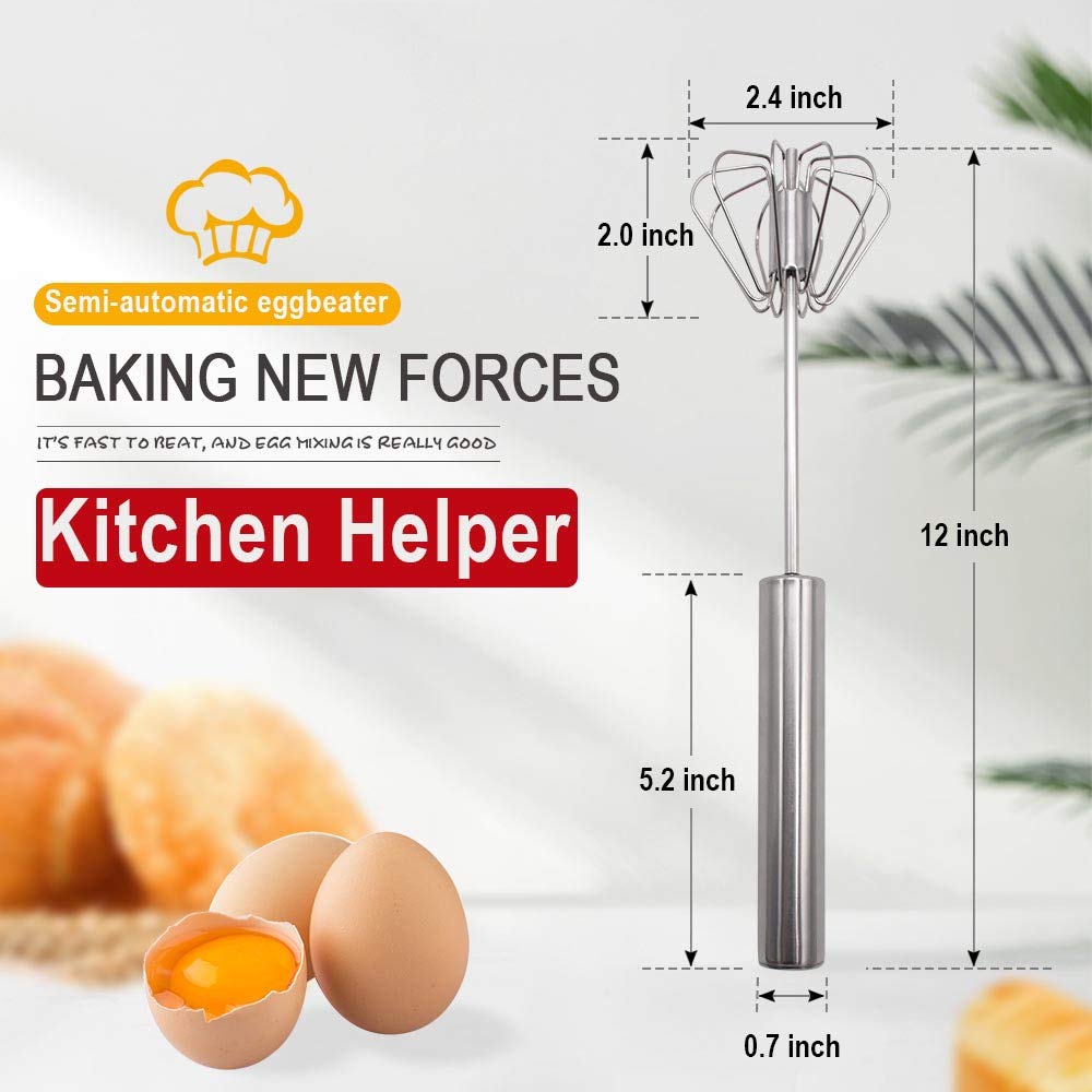 Stainless Steel Rotary Push Whisk, Semi Automatic Hand Push Egg Beater for Baking Cream Pancake Mixing