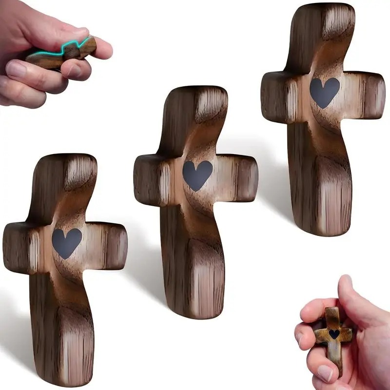 ✝️ Pocket Wooden Cross, Hand Held Prayer Cross With Heart, Comfort Palm Cross For Meditation Religious Encouragement Gift