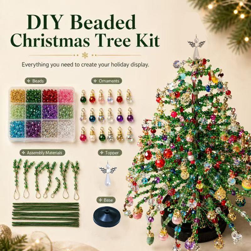 DIY Beaded Christmas Tree Kit, Hand‑Made Mini Crystal Bead Xmas Tree Craft Set, Complete Christmas Decoration Making Supplies with Beads, Angel Tree Topper, Base & Accessories, Tabletop Holiday Ornament, Fun DIY Project, Ideal Christmas Gift for Kids & Fa