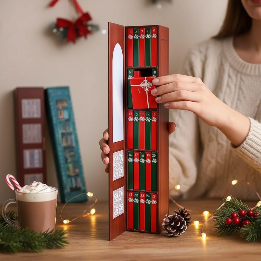 📚 Book Shaped Advent Calendar, 25‑Day Christmas Countdown Gift Box, Vintage Bookshelf Style Empty Advent Calendar for Xmas Home Decor