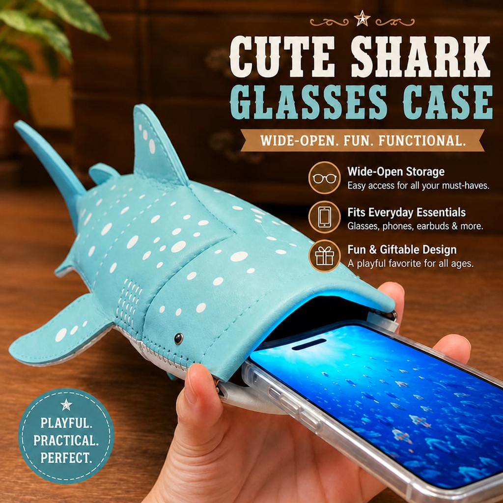🦈 Multi‑Purpose Whale Shark Storage Pouch, Wide‑Open Faux Leather Organizer Bag For Glasses Phone Pens Daily Small Items With Fish Keychain