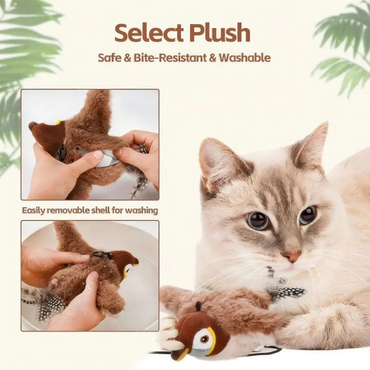 🐦 USB Rechargeable Flapping Bird Cat Toy, Touch Activated Chirping Interactive Plush Bird Toy 🐱 Detachable Washable Bite Resistant Hunting Exercise Toy for Indoor Kittens
