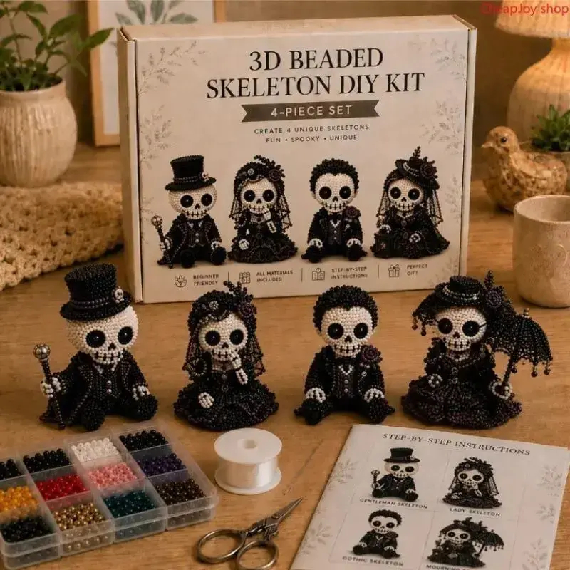 Unisex 3D Beaded Skeleton DIY Kit - 4-Piece Halloween Beading Set with Step-by-Step Instructions, Beginner-Friendly Goth Decor Gift for Adults