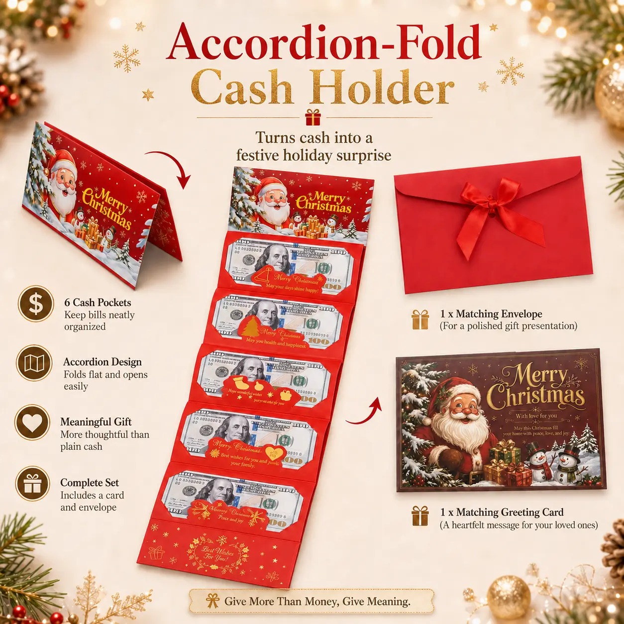 4/2 Pcs Christmas Money Envelope for Cash,Creative Folding Money Holder with 6 Slots,Luxury Paper Cash Gift Card Holder, DIY HolidayMoney Gift Envelope for Xmas, Women Men GirlsBoys Mom Dad