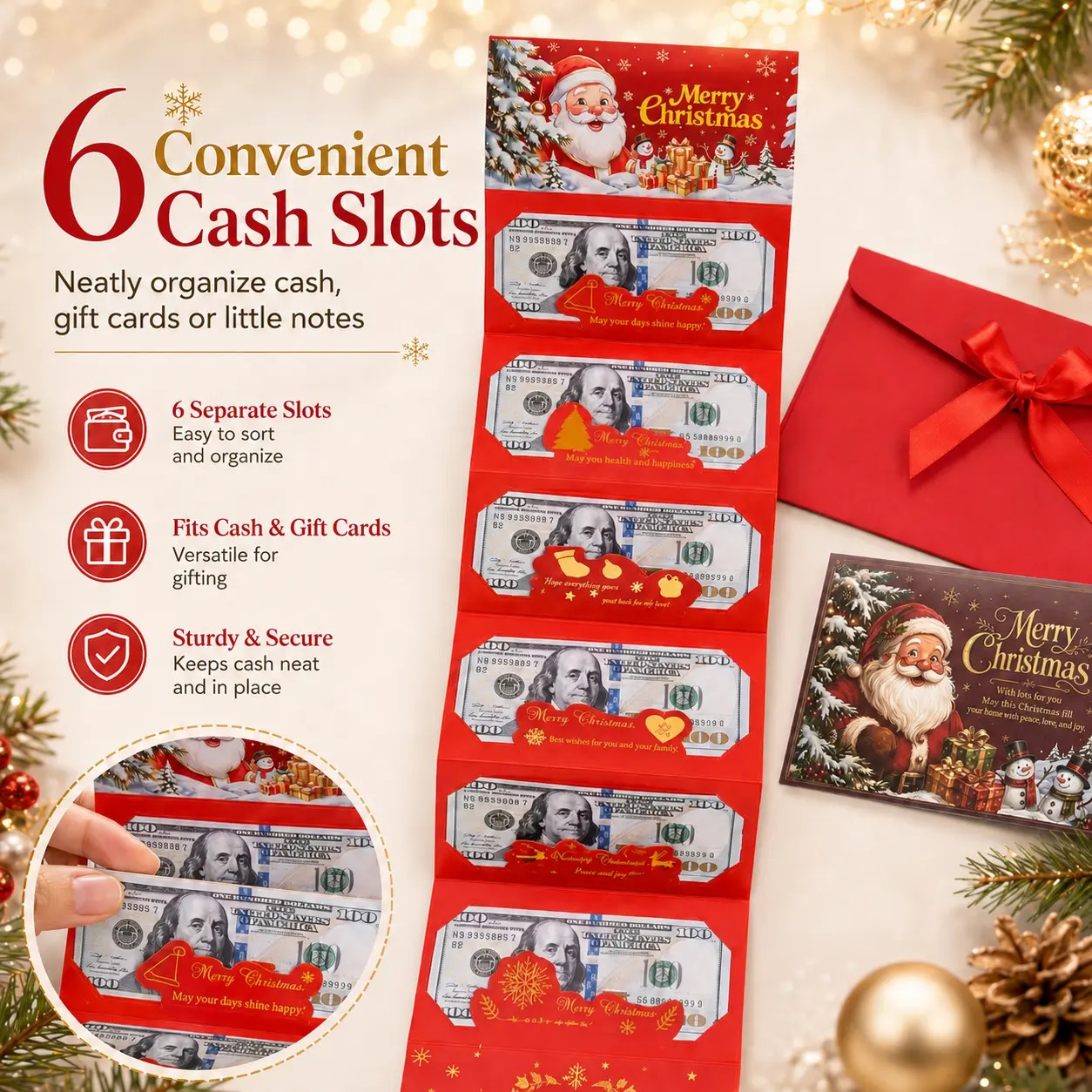 4/2 Pcs Christmas Money Envelope for Cash,Creative Folding Money Holder with 6 Slots,Luxury Paper Cash Gift Card Holder, DIY HolidayMoney Gift Envelope for Xmas, Women Men GirlsBoys Mom Dad