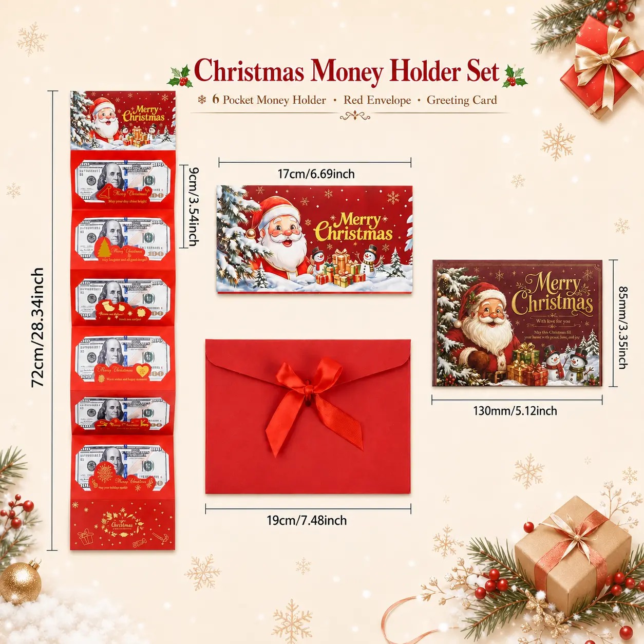 4/2 Pcs Christmas Money Envelope for Cash,Creative Folding Money Holder with 6 Slots,Luxury Paper Cash Gift Card Holder, DIY HolidayMoney Gift Envelope for Xmas, Women Men GirlsBoys Mom Dad
