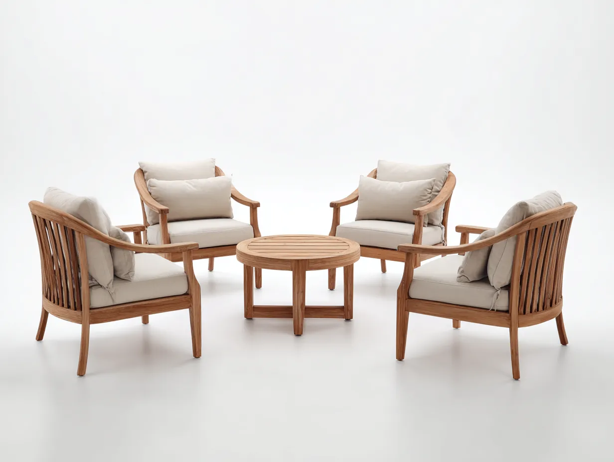 Gartentisch- und Stuhlset 220×220×88 cm - Holz und Stoff - Braun/Beige - Outdoor-Sitzgruppe mit rundem Tisch-Parointerior