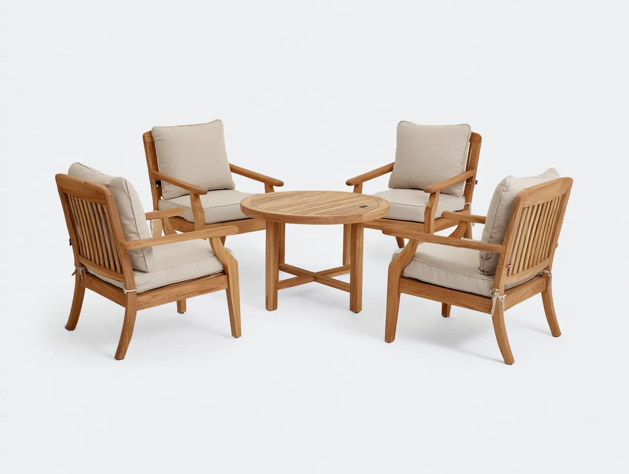 Holz-Gartentisch- und Stuhlset 260×260×90 cm - Natur Beige - Runde Essgruppe für Im Freien-Parointerior
