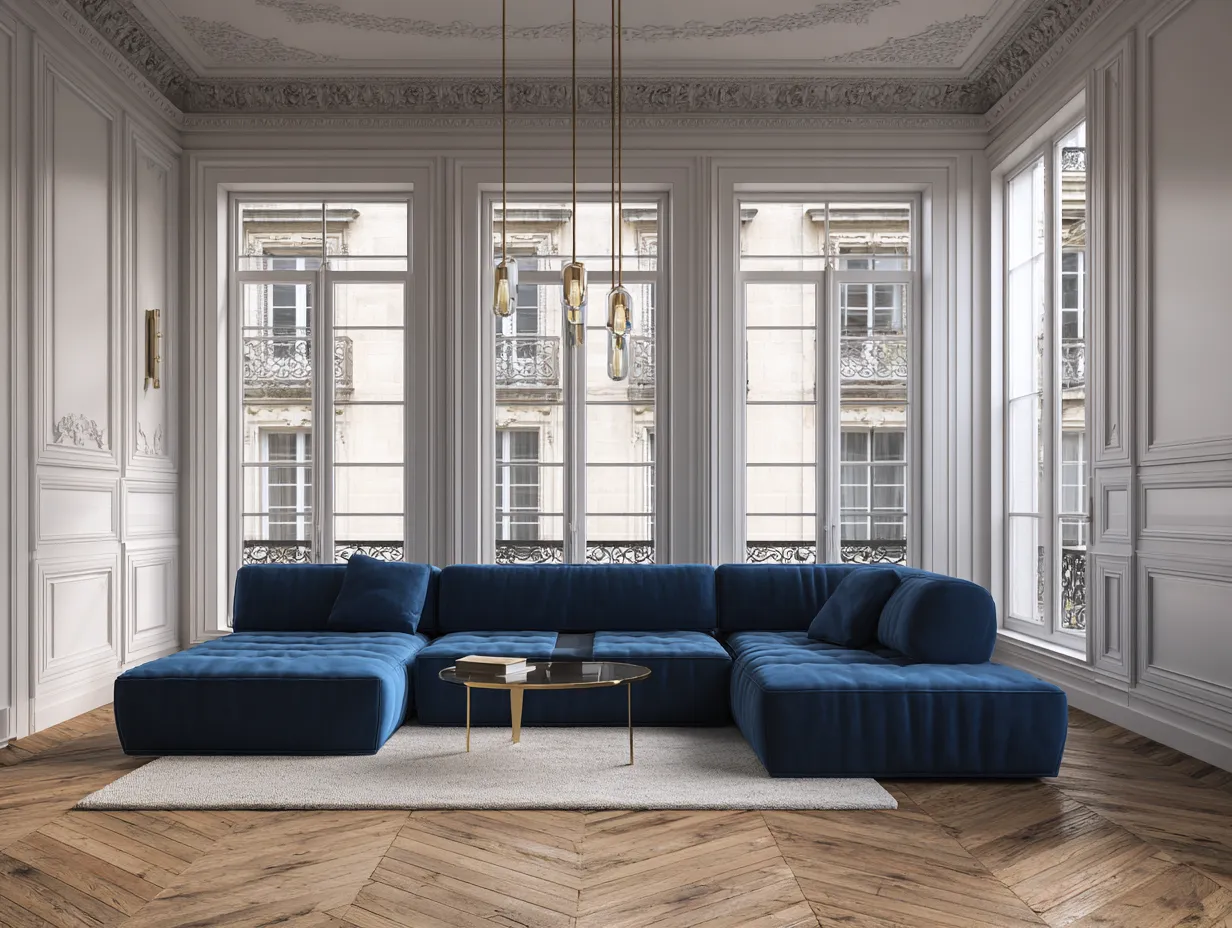 U-förmiges Sofa 360×220×78 cm - Stoff - Dunkelblau - Großzügiges Wohnzimmer-Sofa mit breiter Sitzlandschaft-Parointerior
