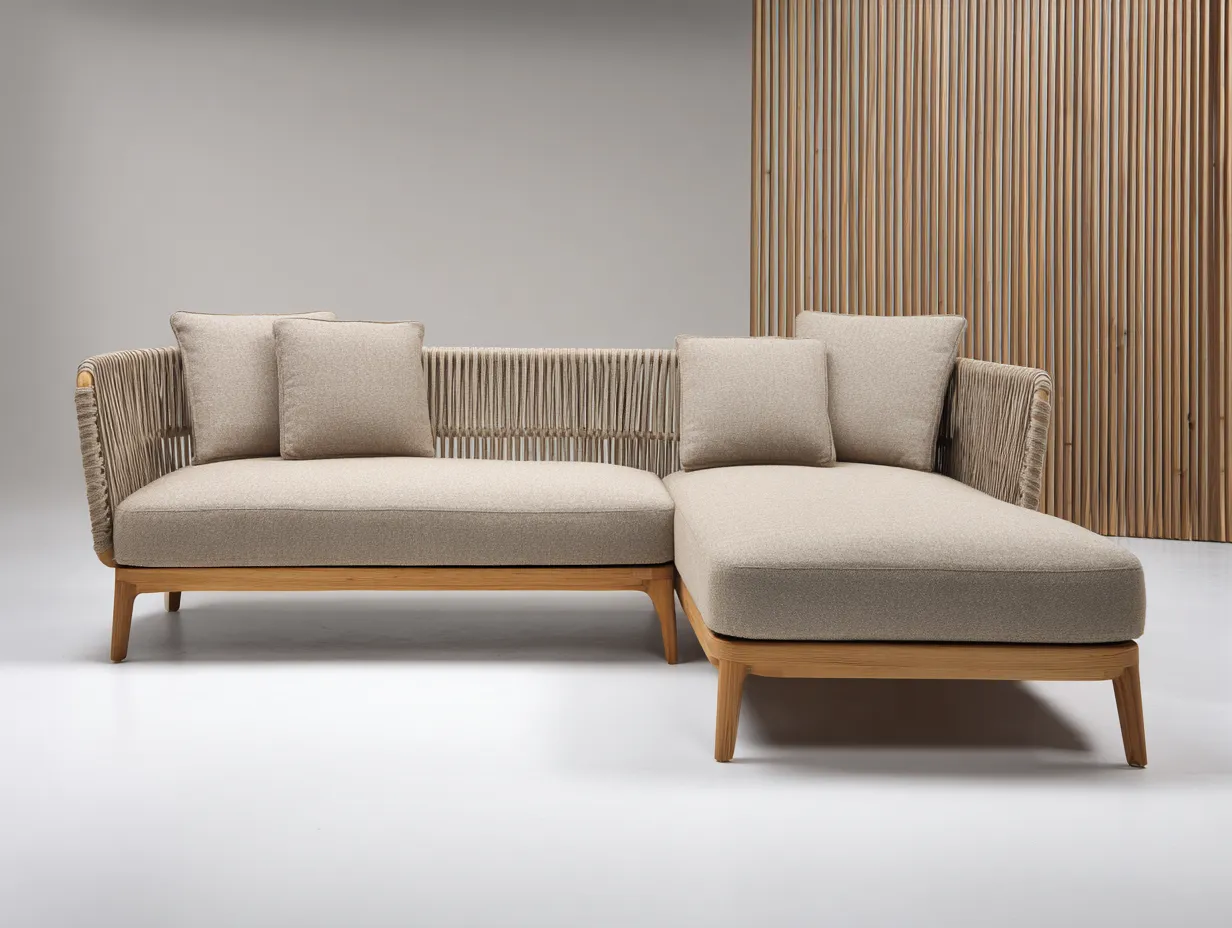 Sofa 260×165×80 cm - Stoff Holz und Geflecht - beige/holz - für das Wohnzimmer - Ecksofa mit Chaise-Parointerior