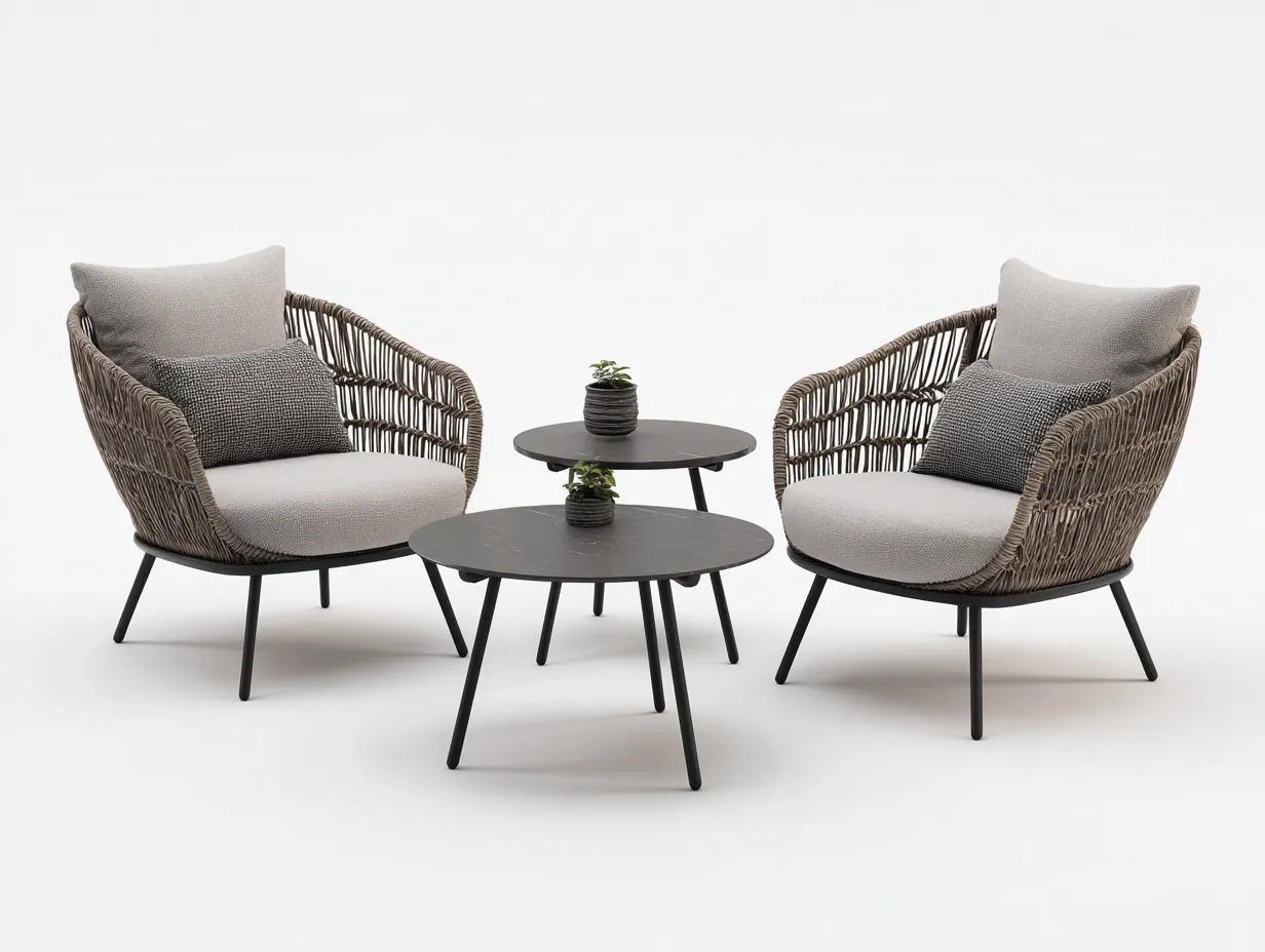 Gartentisch- und Stuhlset 195×125×84 cm - Geflecht Metall und Stoff - braun/schwarz/grau - für Terrasse und Garten - 4-teiliges Lounge-Set mit Rundtischen-Savaiabode