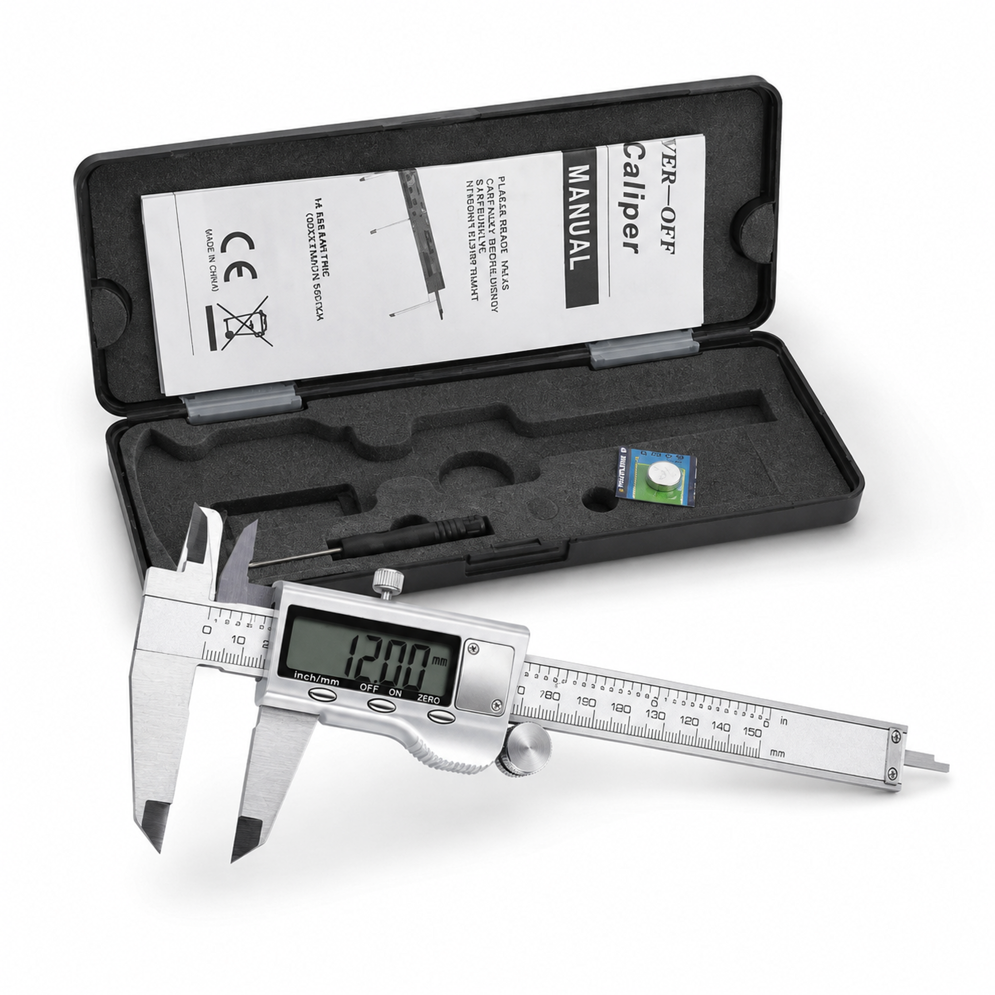 Digital Caliper, Caliper Measuring Tool with Stainless Steel, Electronic Micrometer Caliper with Large LCD Screen, Auto-Off Feature, Inch and Millimeter Conversion (6 Inch/150 mm) - front-left angle