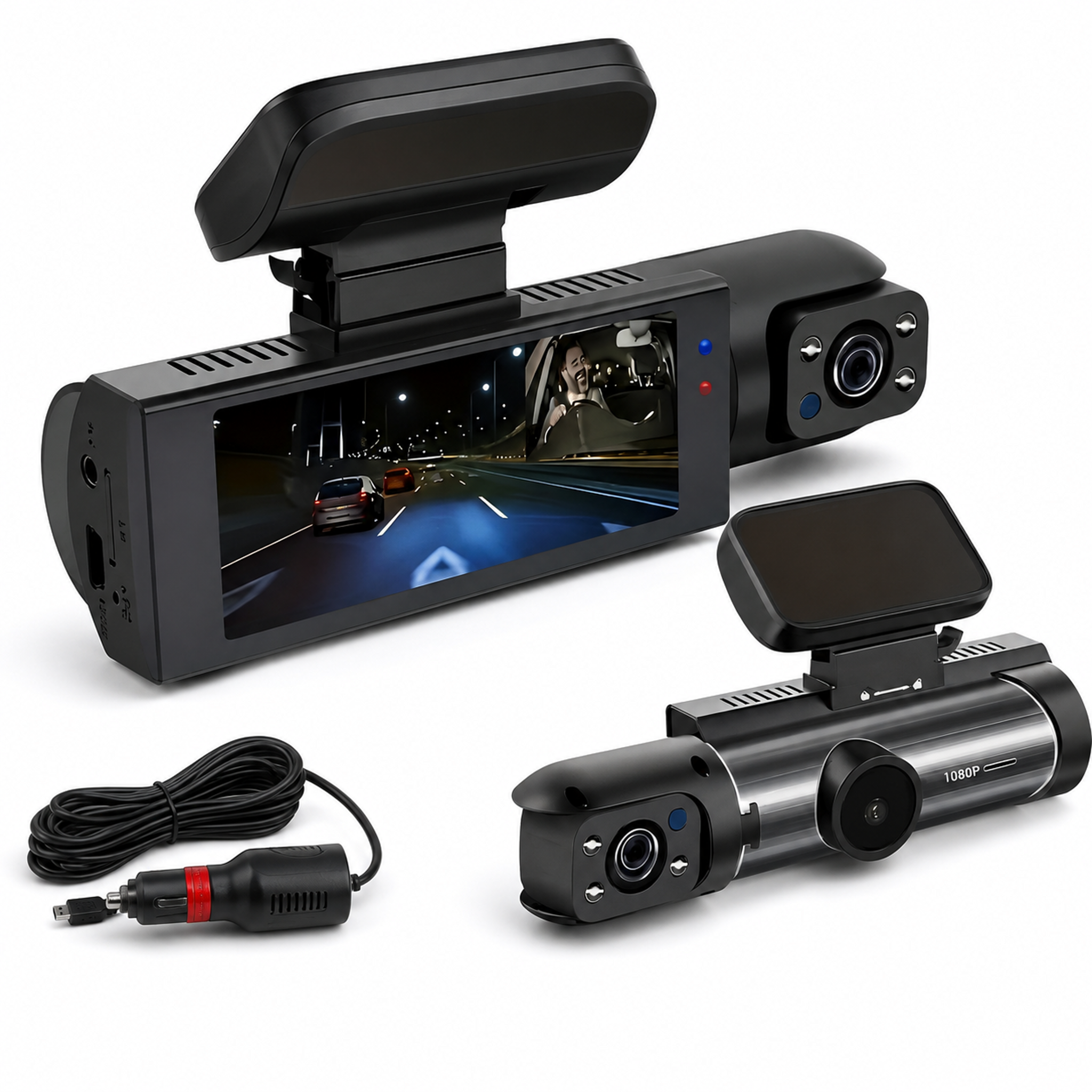 1 Set 1080P Dual Camera Dash Cam for Cars, Front and Inside, IR Night Vision Loop Recording Wide Angle Car DVR Camera with IPS Screen Dual Lens Car Dashboard Video Cam As a Gift - front-left angle