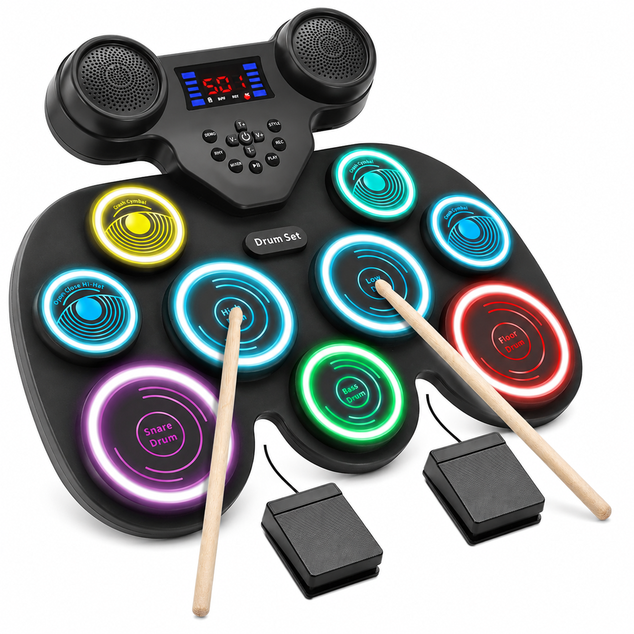 Electric Drum Set with 7-Color Dynamic LED Lights, 9-Pad Electronic Drum Set with Dual Speakers, Bluetooth MIDI, Portable Practice Drum Pad for Kids & Adult Beginners, Christmas Birthday Gift - front-left angle
