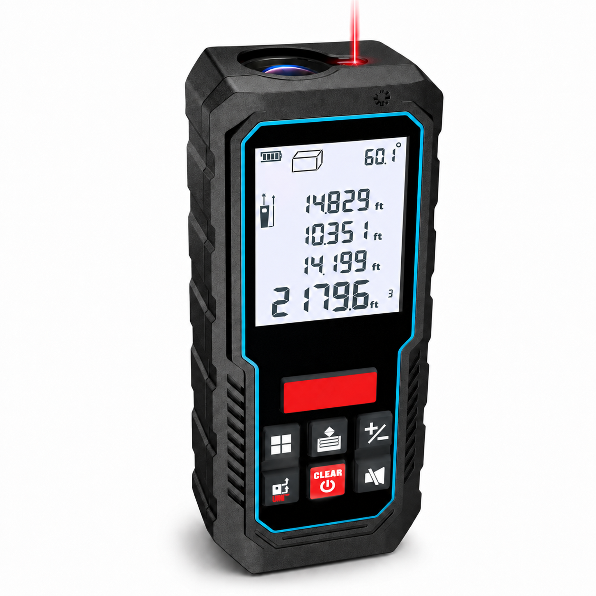Laser Measure, Laser Measuring Tool with Angle Sensor | 2mm Accuracy, Distance/Area/Volume/Pythagorean Measurement, 2" LCD Backlit, Ft/In/Ft+In/M Unit Switching, Battery Included - front-left angle