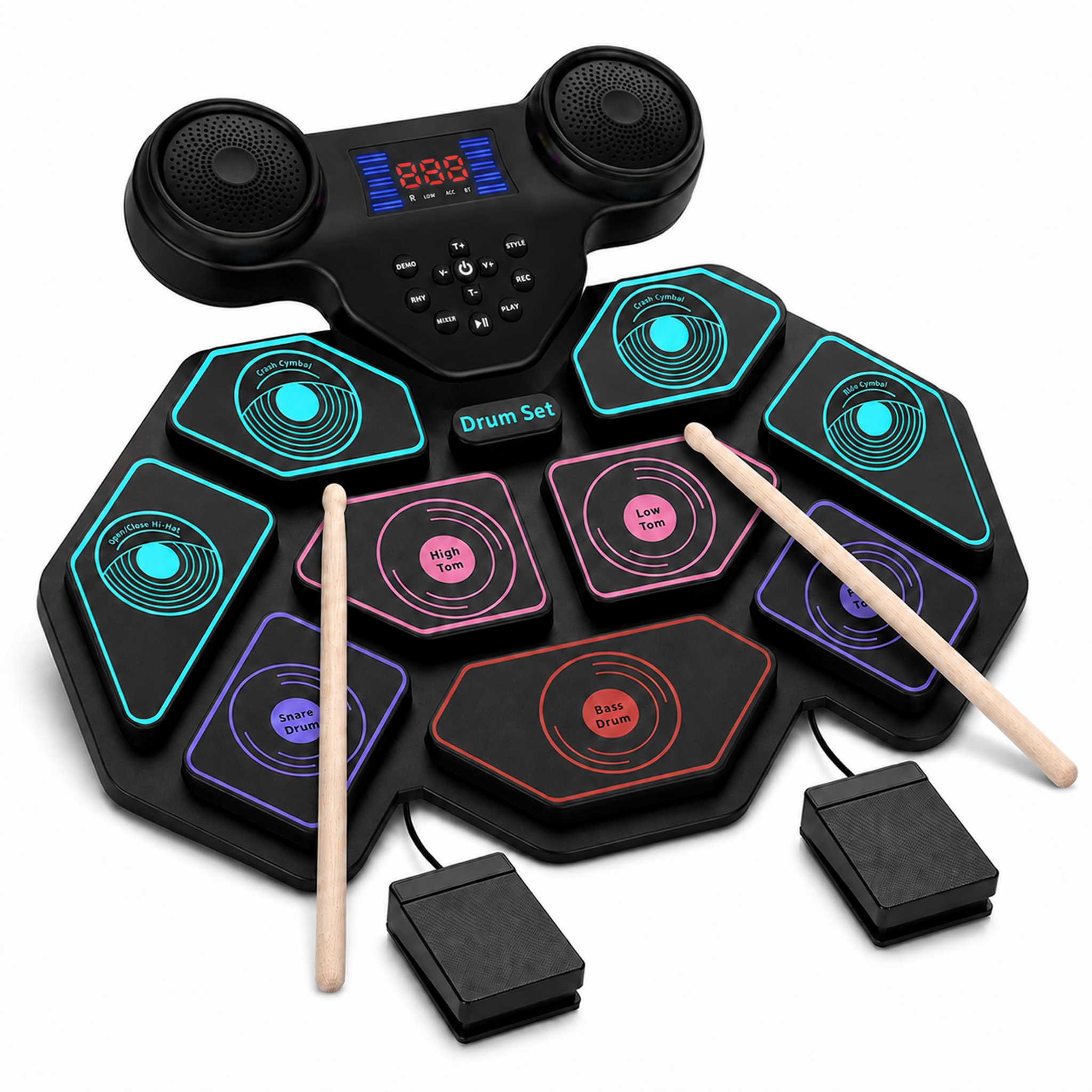 Electronic Drum Set - Electric Drum Set Roll Up Portable Drum Kit MIDI Practice Drum Pad with Dual Built-in Speaker, Drum Sticks and Pedals, Christmas Birthday Gift for Kids Adult - front-left angle