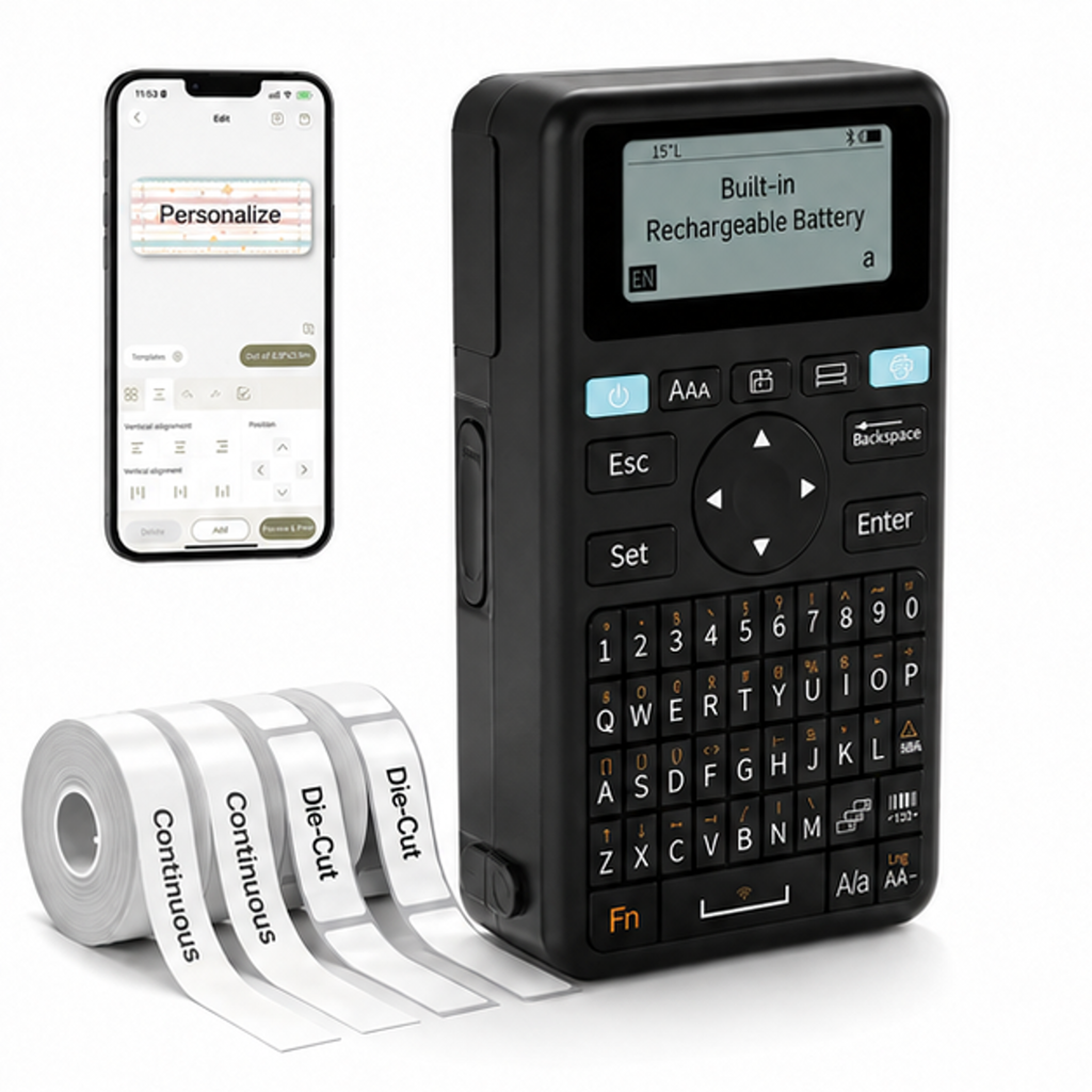 E11 Keyboard & Bluetooth Label Maker Machine with 4 Tapes | Rechargeable, Versatile App with 30+ Fonts and 660+ Icons, Minimal Margin, Inkless, for School, Home, Kitchen, Office - front-left angle