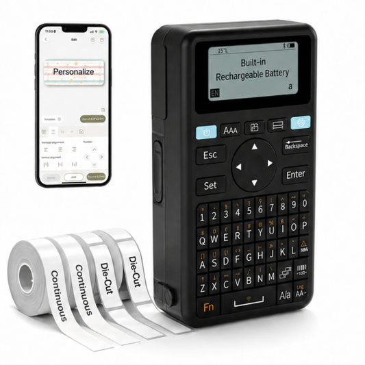 E11 Keyboard &amp; Bluetooth Label Maker Machine with 4 Tapes | Rechargeable, Versatile App with 30+ Fonts and 660+ Icons, Minimal Margin, Inkless, for School, Home, Kitchen, Office - front-left angle