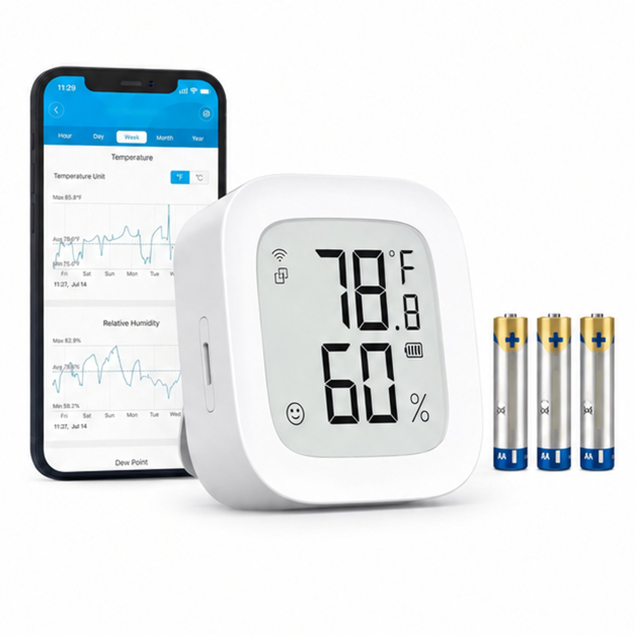 WiFi Thermometer Hygrometer H5103 with Electronic Ink Display | Temp and humidity monitor with alert, 2.4G WiFi & Bluetooth, 2-yr data export. For bedroom, wine cellar, basement - front-left angle