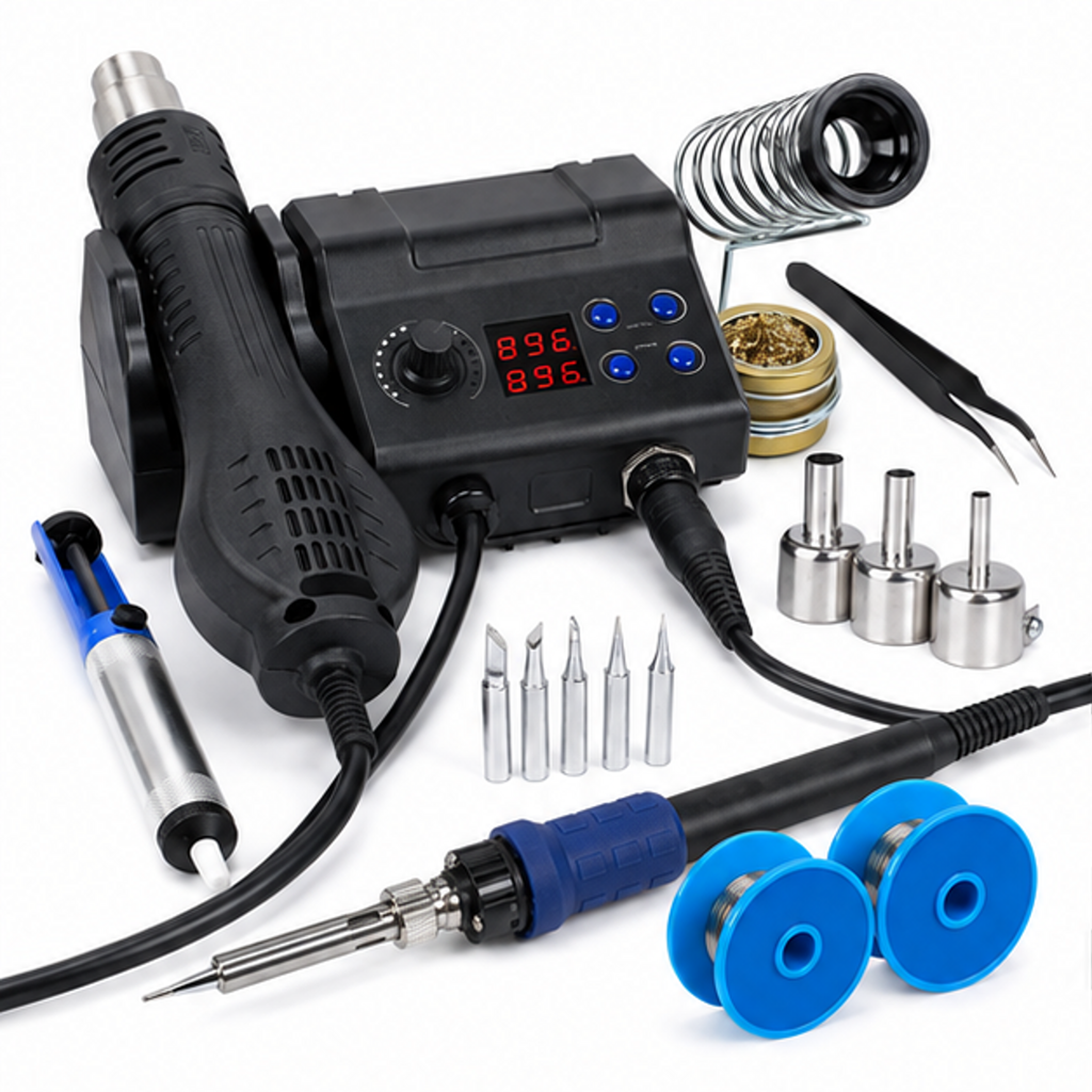 882D Soldering Iron Station 2-IN-1 SMD Hot Air Rework Station with 2 Spools of Solder Wire, 5 Soldering Tips, 3 Hot Air Nozzles, Brass Wool Tip Cleaner, Tweezers, Desoldering pump - front-left angle