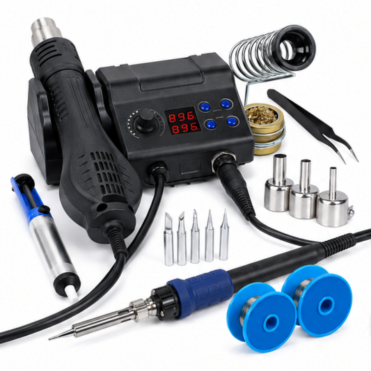 882D Soldering Iron Station 2-IN-1 SMD Hot Air Rework Station with 2 Spools of Solder Wire, 5 Soldering Tips, 3 Hot Air Nozzles, Brass Wool Tip Cleaner, Tweezers, Desoldering pump - front-left angle