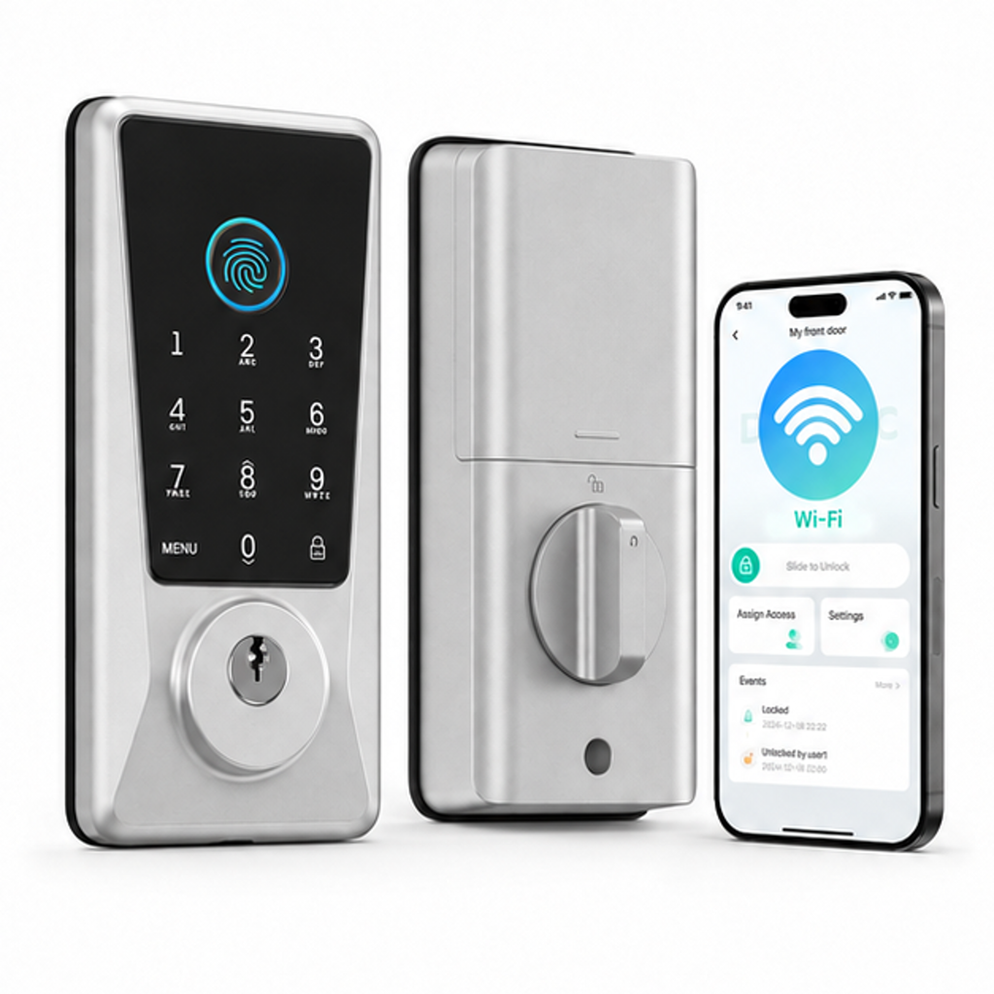 WiFi Fingerprint Smart Keypad Door Lock D110 Plus with App Control | Front Door Smart Lock with Remote Access, Voice Control, Visual Display, Backlit, BHMA Grade 3, IP54, Auto-Lock, Silver - front-left angle