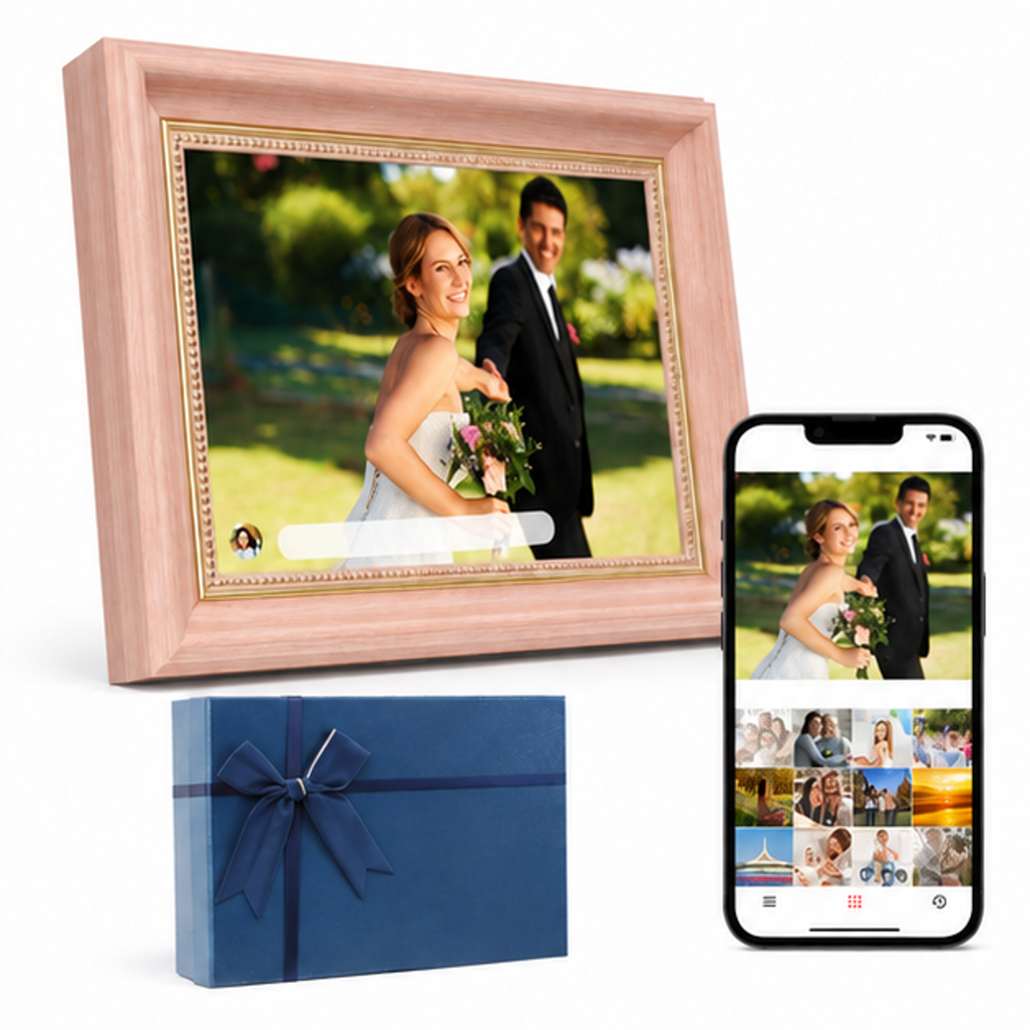 Digital Frame 10.1 Inch WiFi Digital Photo Frame with 32GB Storage, 1280x800 HD IPS Touch Screen Picture Frames with APP, Long Distance Realationship Gifts, Elderly Tech-Coral Pink - front-left angle