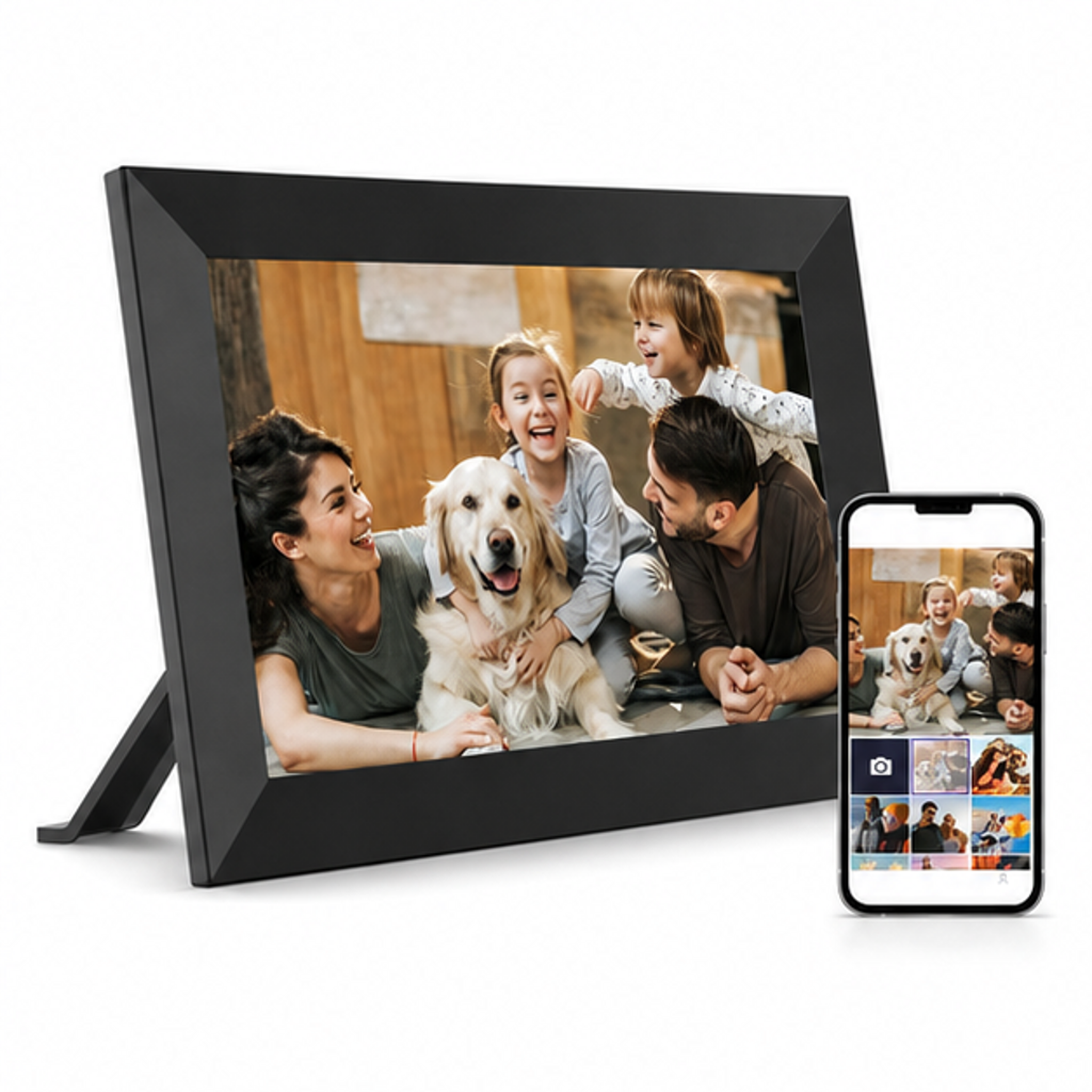 Digital Picture Frame 32GB Storage 10.1 Inch WiFi Electronic Photo Frames SD Card Slot IPS Touch Screen HD Display Auto Rotate Slideshow Share Videos Photos Instantly Send Wishes Remotely - front-left angle