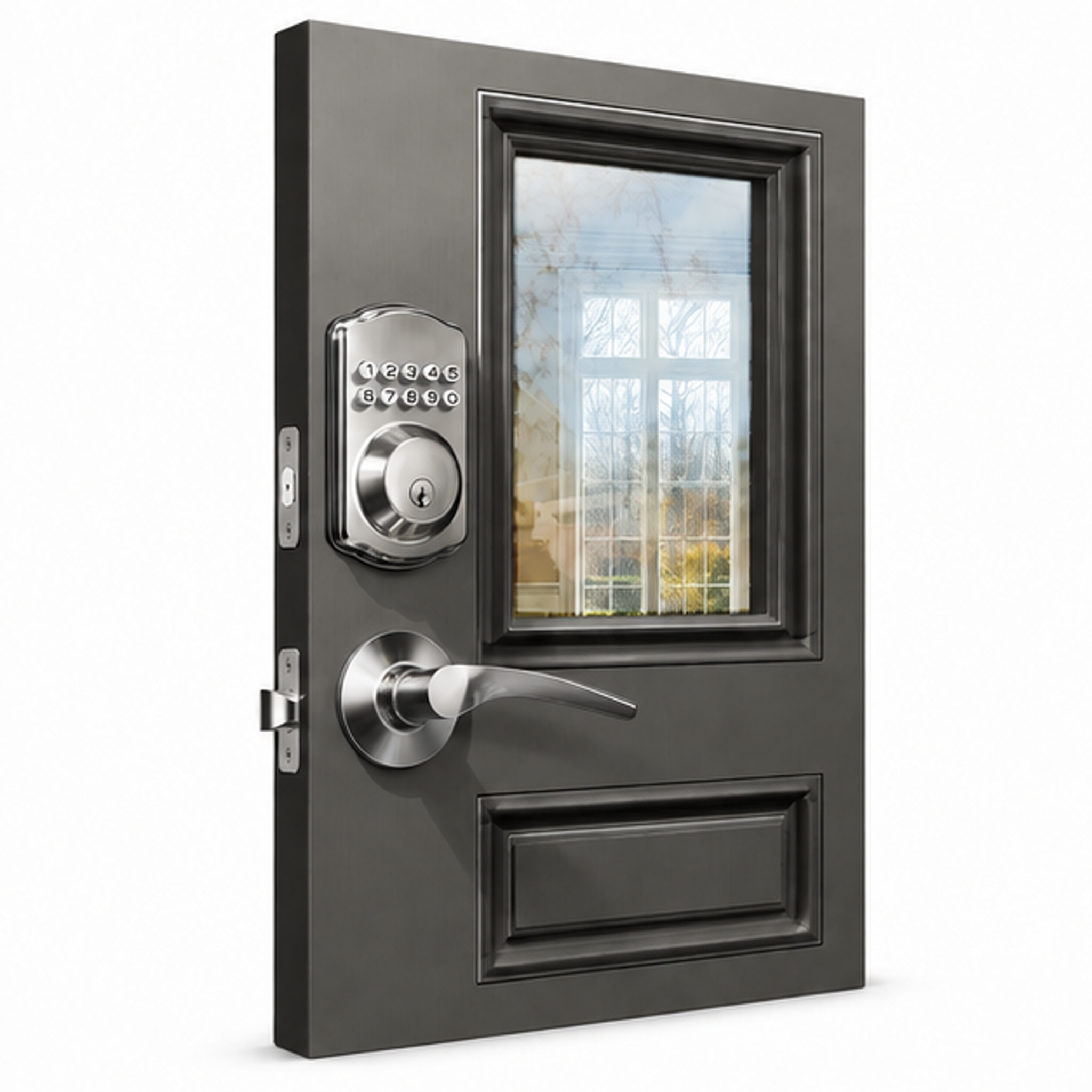 KS01B Keypad Door Lock with 2 Lever Handles Set, Satin Nickel | Keyless Entry, 20 Codes, Auto Lock, Anti-Peeping Code, Electronic Deadbolt for Front Door, IP54 Waterproof, Easy Install - front-left angle
