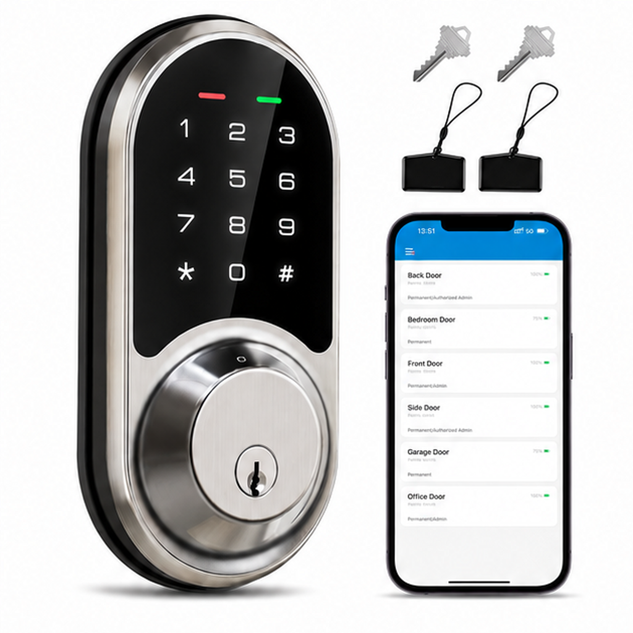 RZ06 Smart Lock for Front Door with App Control, Satin Nickel | Keyless Entry, 250+ Codes, Manage User, Electronic Deadbolt with Touchscreen Keypad, Auto-Lock, Compatible with Alexa - front-left angle