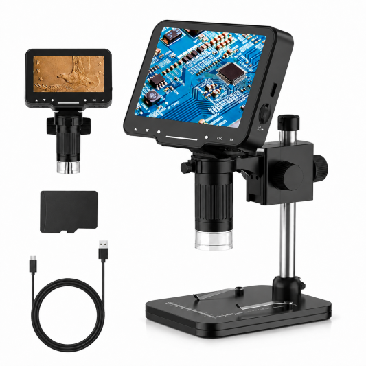 Digital Microscope for Coins with Light HD Screen | 4.3 Inch 1080P HD Screen, 10MP Camera, 1-1000X Zoom. Wireless USB Digital Microscope with Video Recorder for Inspection - front-left angle