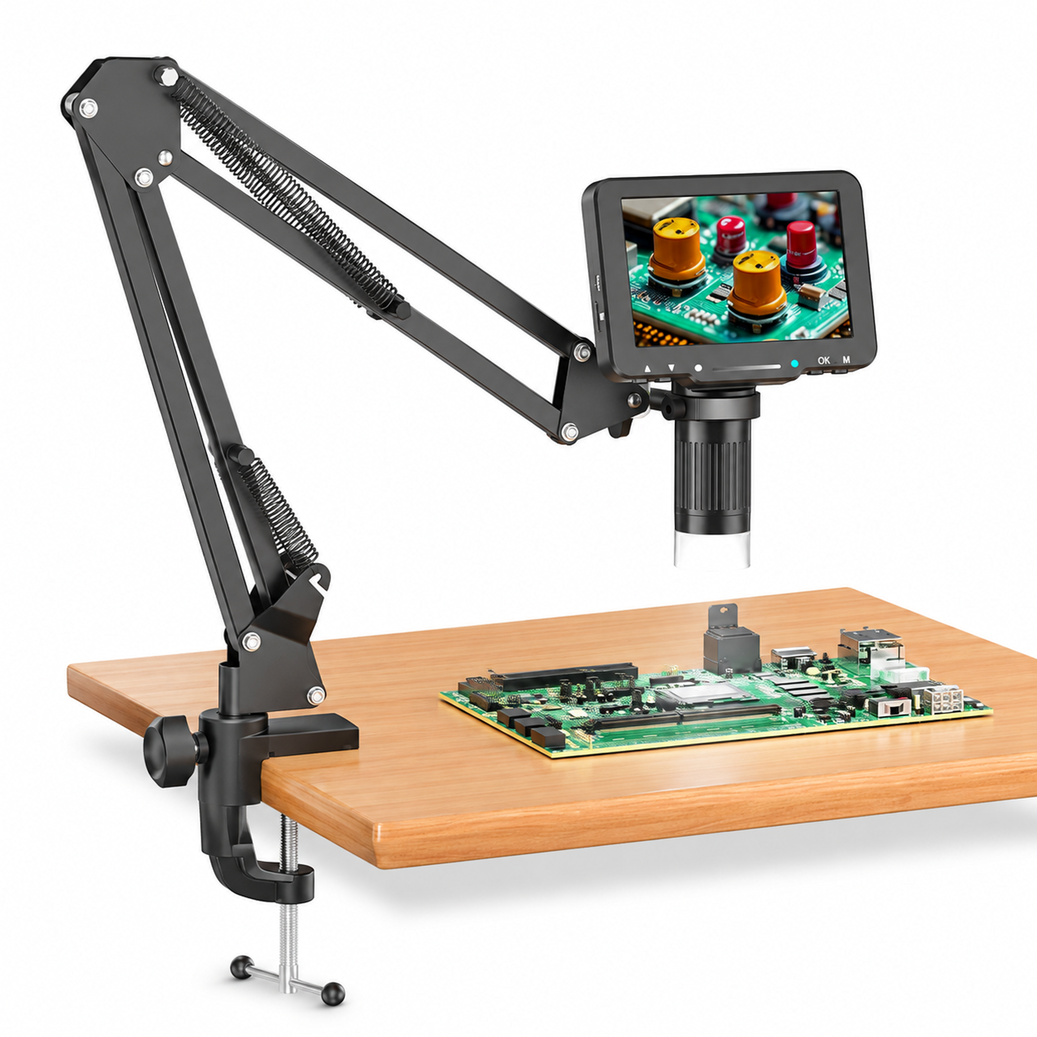 5" LCD Digital Soldering Microscope for PCB Repair with C-Clamp | For soldering checks and electronics repair; C-clamp keeps both hands free, and the screen works without a computer. - front-left angle