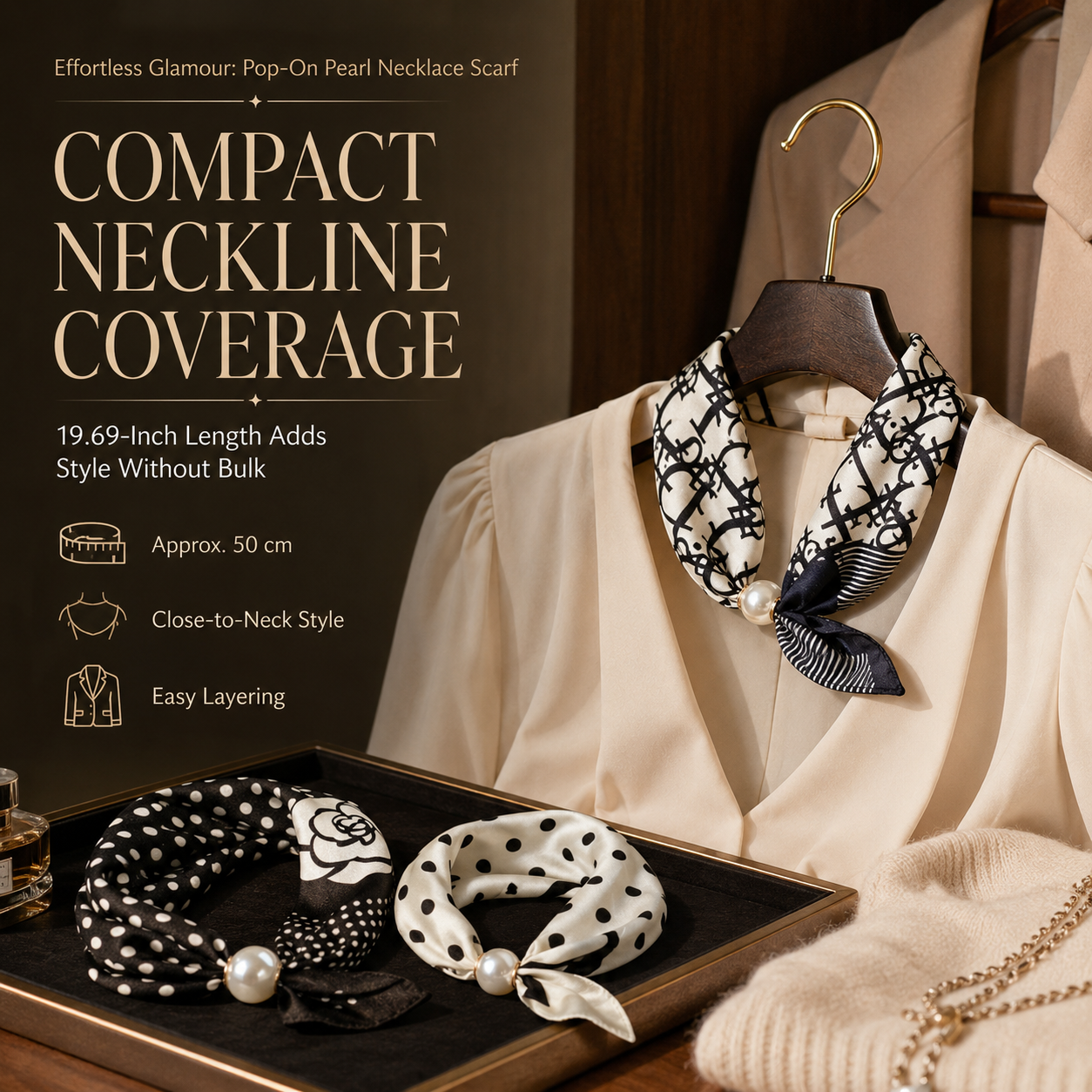Compact pearl magnetic scarf worn around neckline