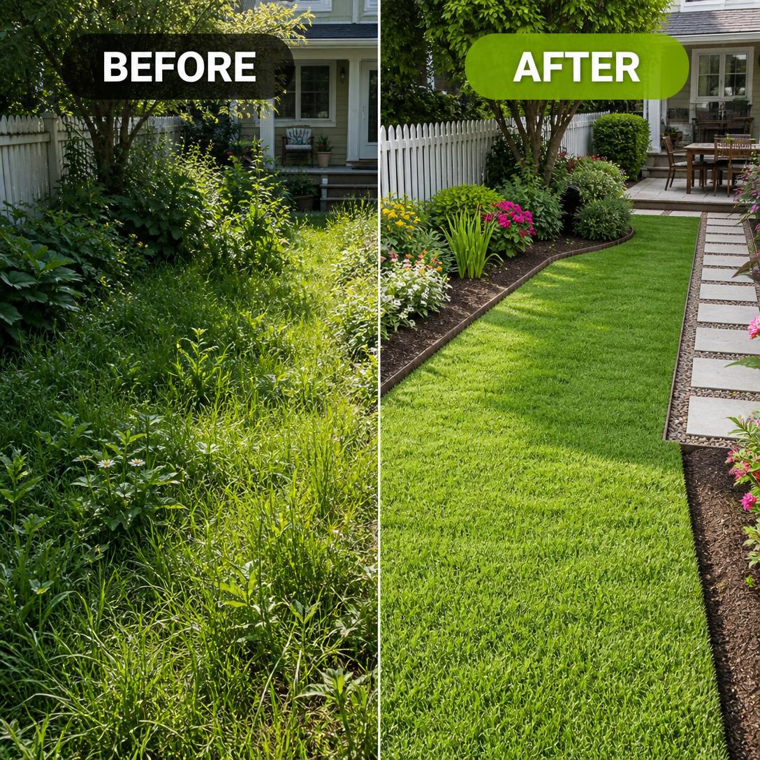 Before and after lawn trimming results