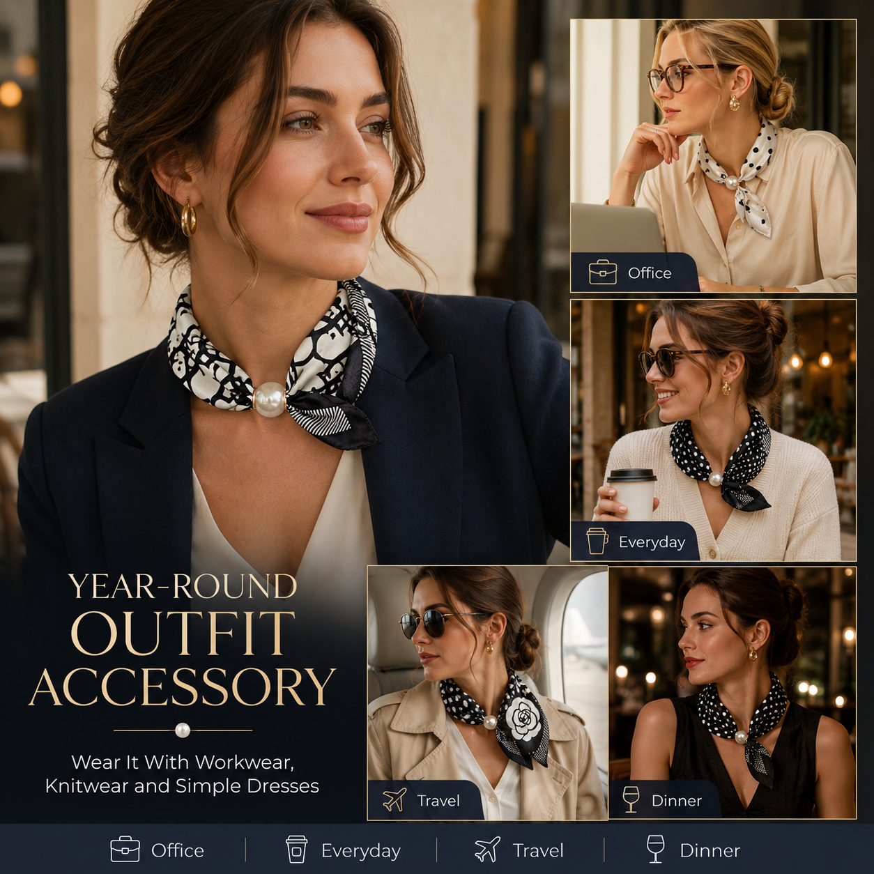 Pearl magnetic scarf worn with everyday fashion