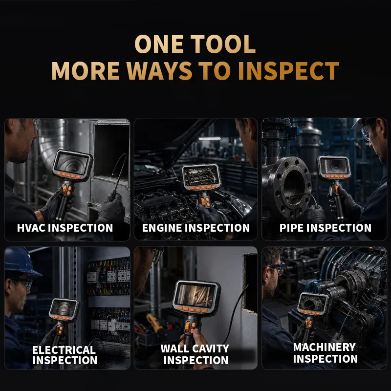Mekrivo C50 industrial endoscope shown for HVAC, engine, pipe, electrical, wall cavity and machinery inspection