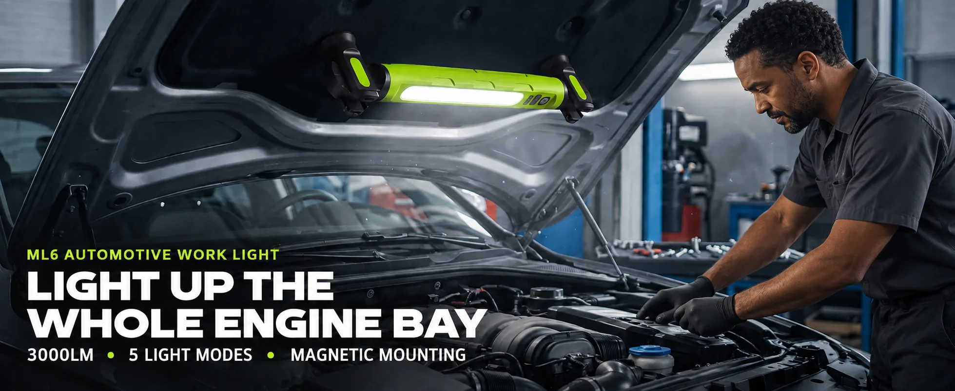 ML6 work light illuminating an automotive engine bay