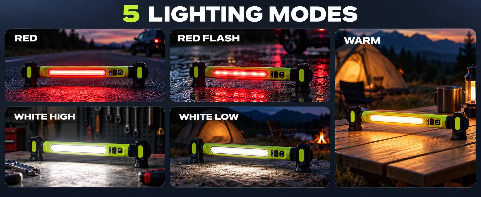 Five lighting modes: white high, white low, warm, red and red flash