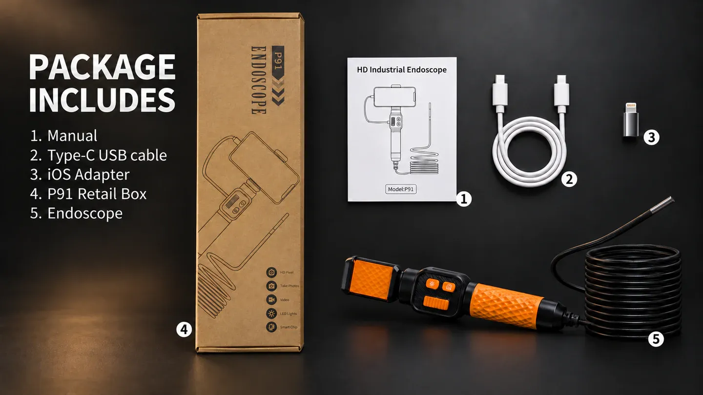 P91 package includes endoscope, manual, Type-C USB cable, iOS adapter and P91 retail box