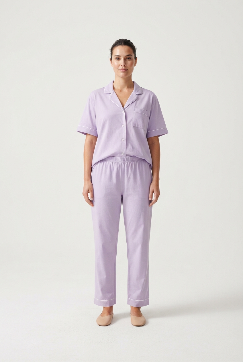 Women button-front cotton pajama set in lavender